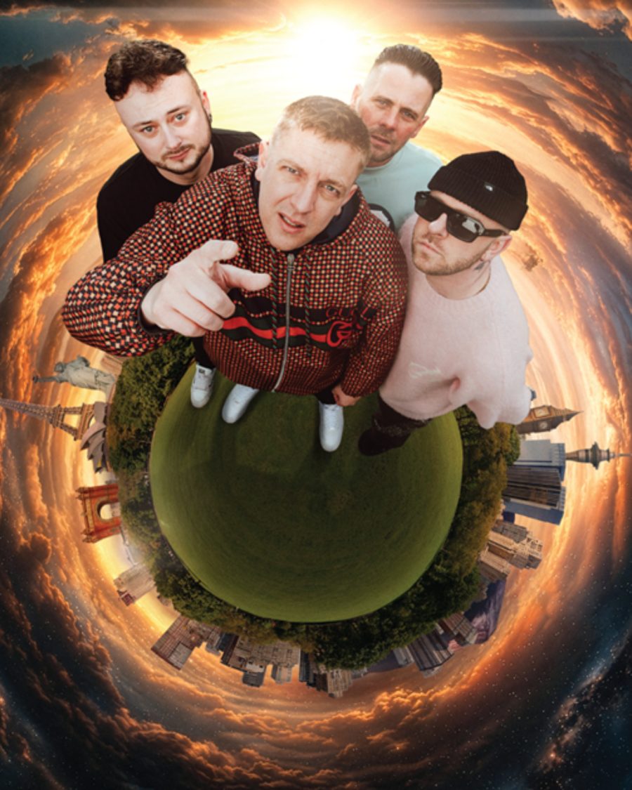 The Reytons, four band members leaning over a tiny planet with a city skyline - the official event image
